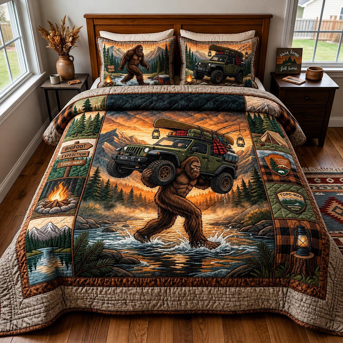 Forest Rider quilted 3-piece bedding set on a made bed with two matching pillow shams