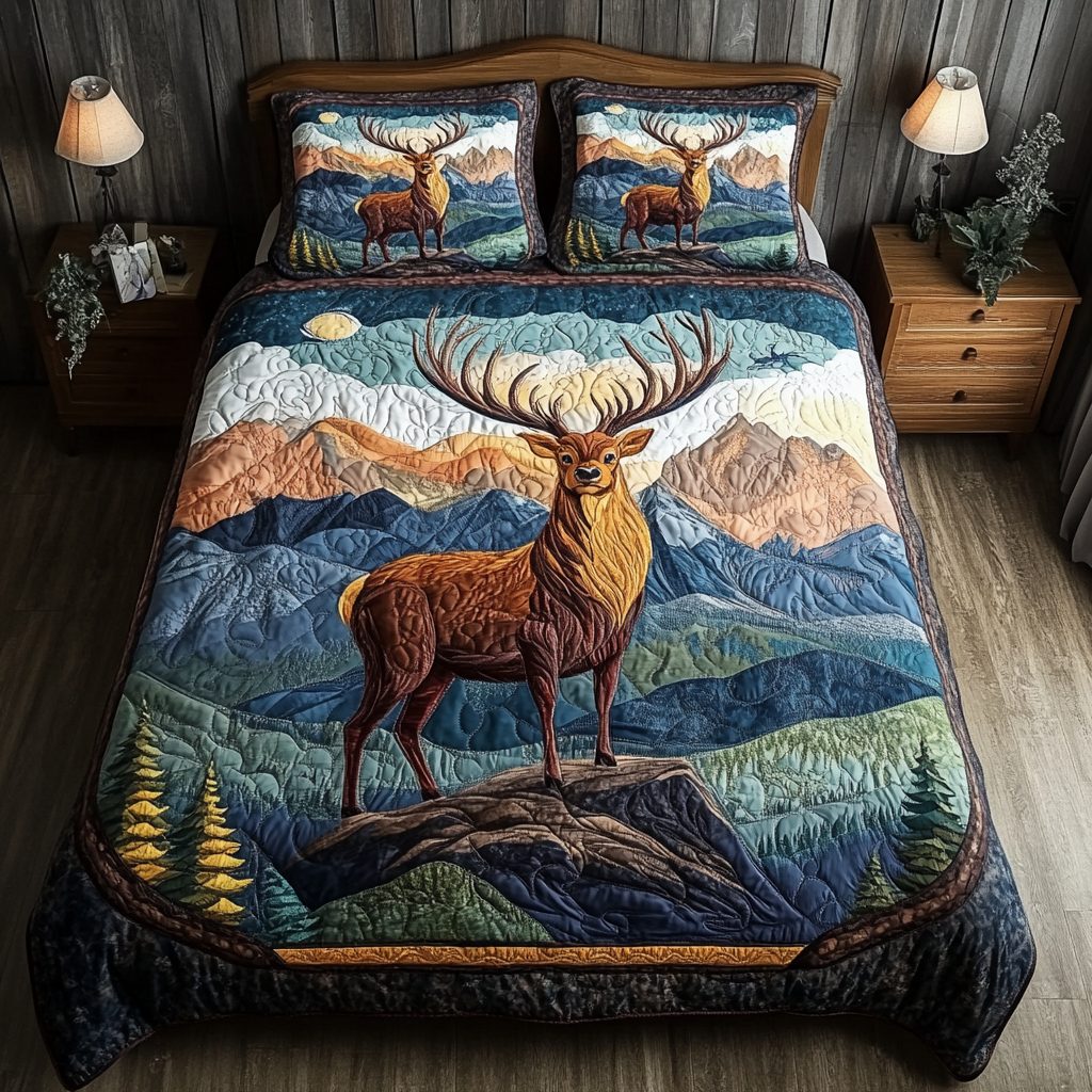 Forest Roam quilted 3-piece bedding set on a made bed with two matching pillow shams