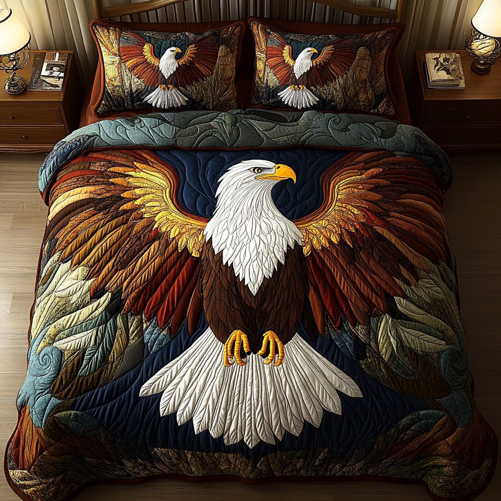 Forest Sentinel quilted 3-piece bedding set on a made bed with two matching pillow shams