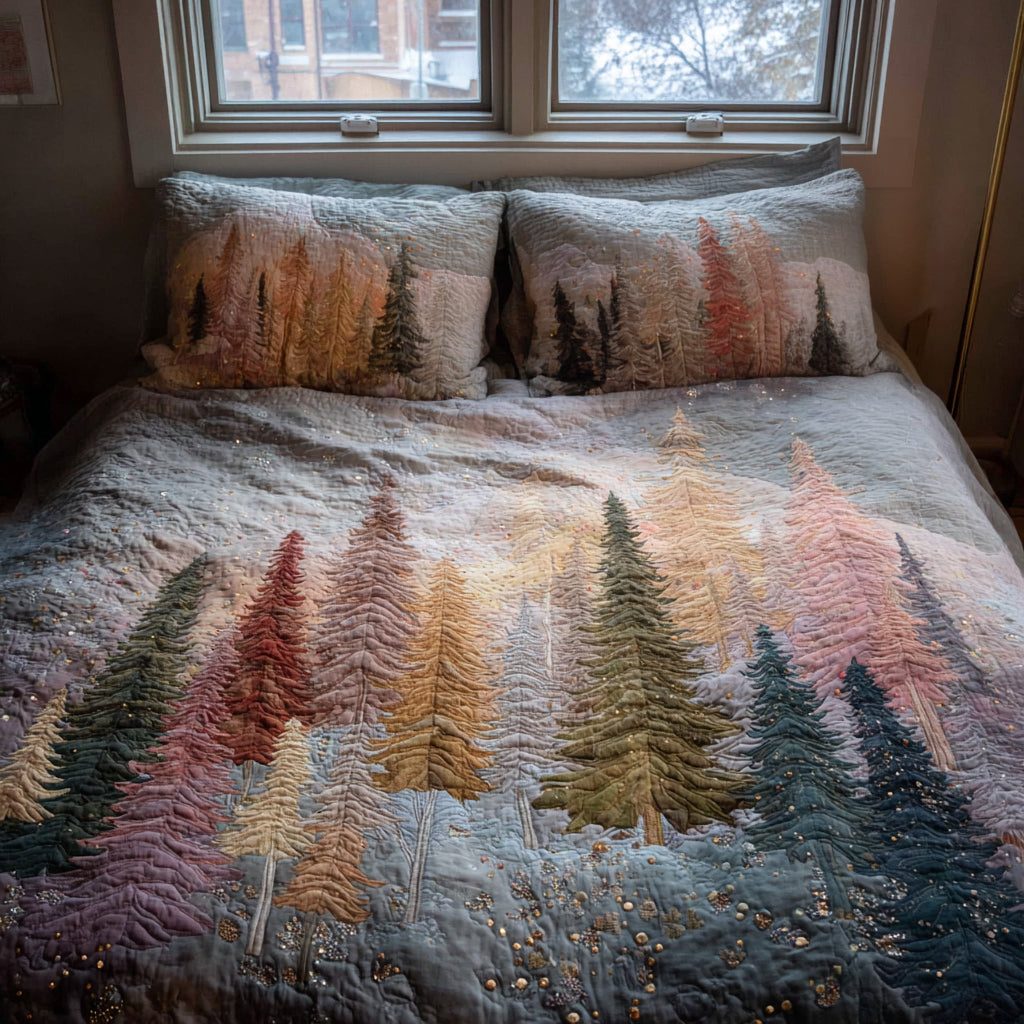 Forest Serenity quilted 3-piece bedding set on a made bed with two matching pillow shams