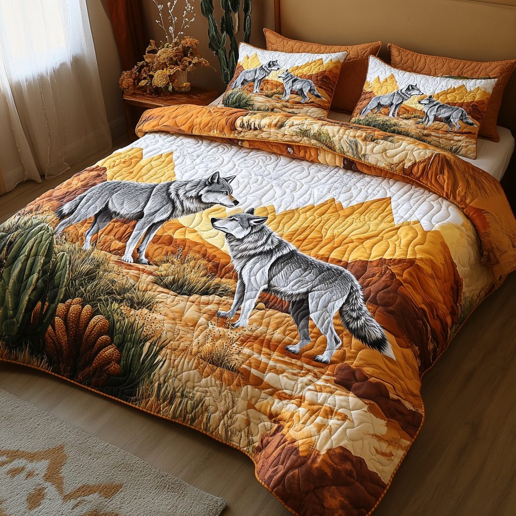 Forest Shadow quilted 3-piece bedding set on a made bed with two matching pillow shams