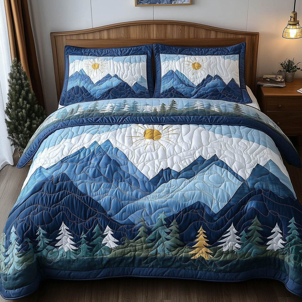 Forest Soul quilted 3-piece bedding set on a made bed with two matching pillow shams