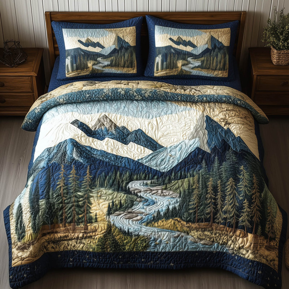 Forest Soul quilted 3-piece bedding set on a made bed with two matching pillow shams
