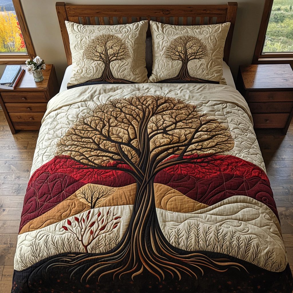Forest Soul quilted 3-piece bedding set on a made bed with two matching pillow shams