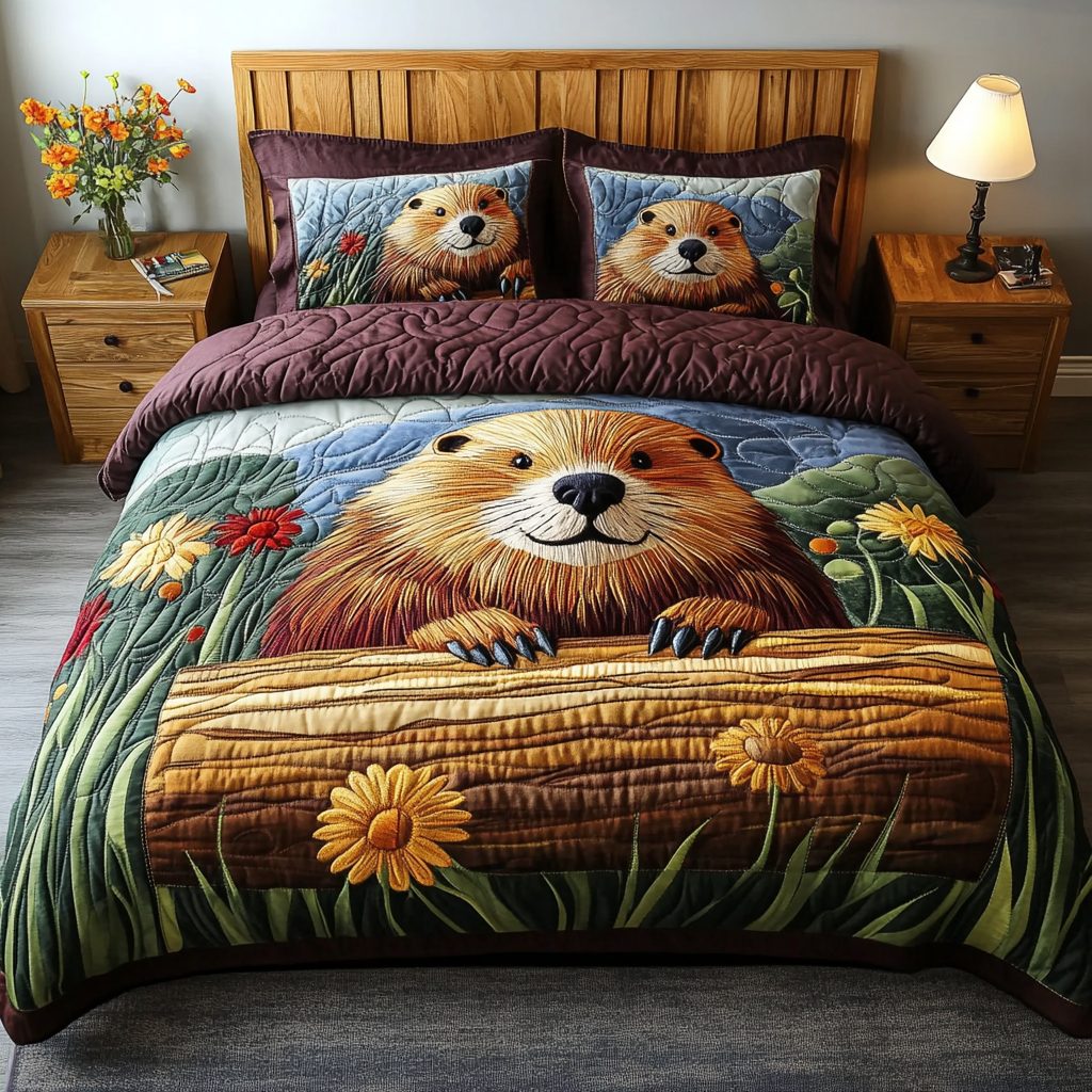 Forest Spirit quilted 3-piece bedding set on a made bed with two matching pillow shams