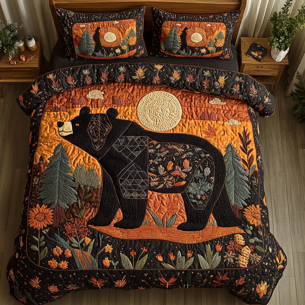 Forest Spirit quilted 3-piece bedding set on a made bed with two matching pillow shams