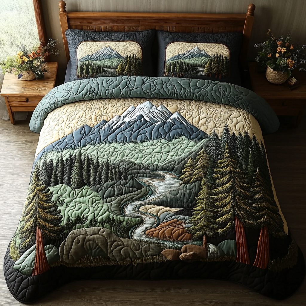 Forest Stream quilted 3-piece bedding set on a made bed with two matching pillow shams