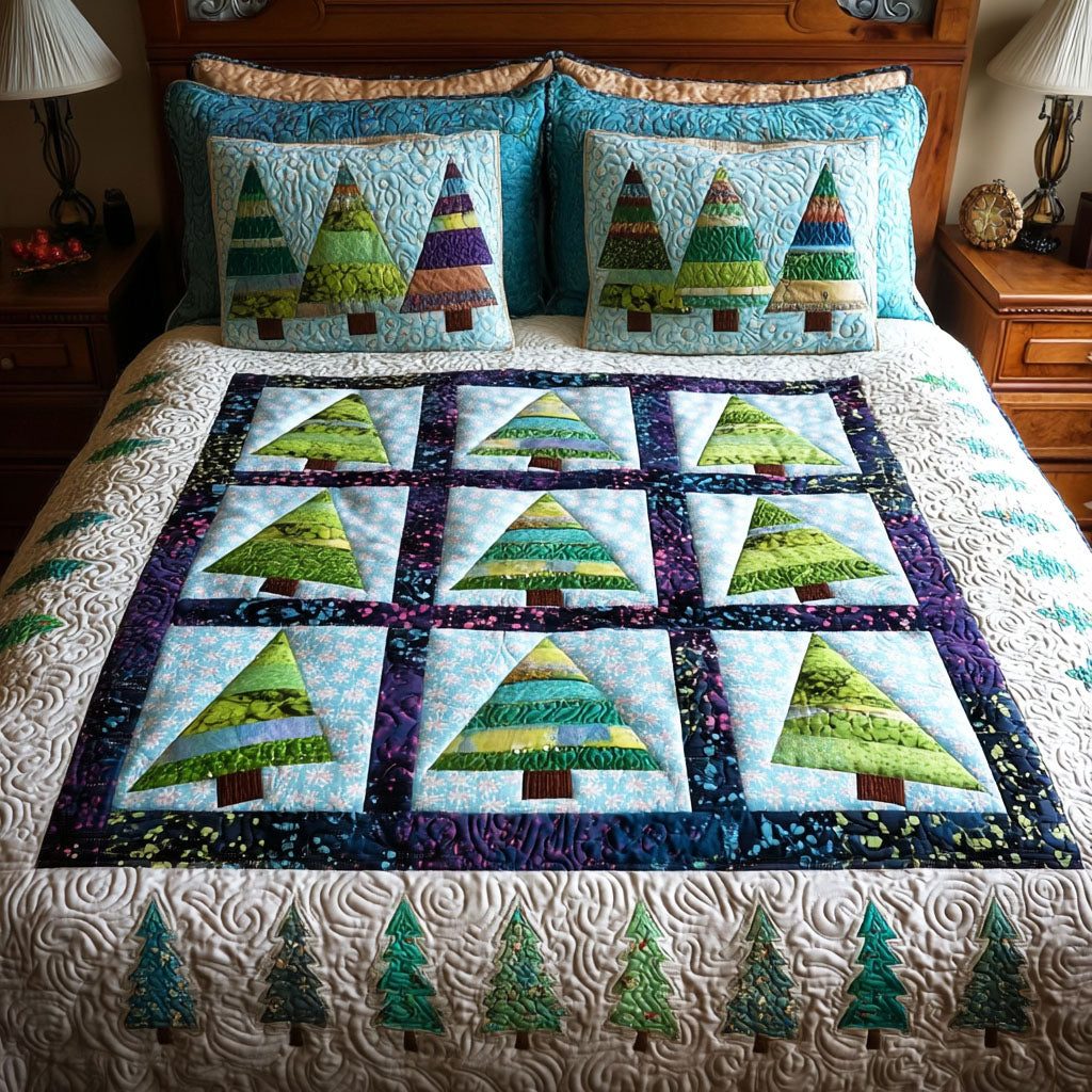Forest Symphony quilted 3-piece bedding set on a made bed with two matching pillow shams