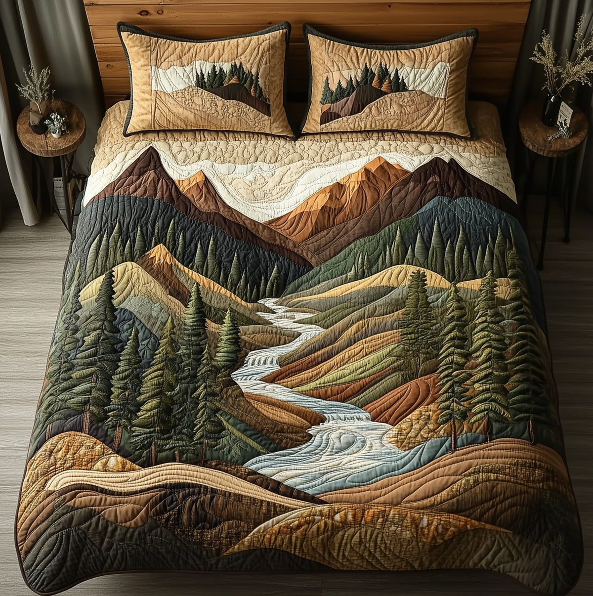 Forest Trail quilted 3-piece bedding set on a made bed with two matching pillow shams