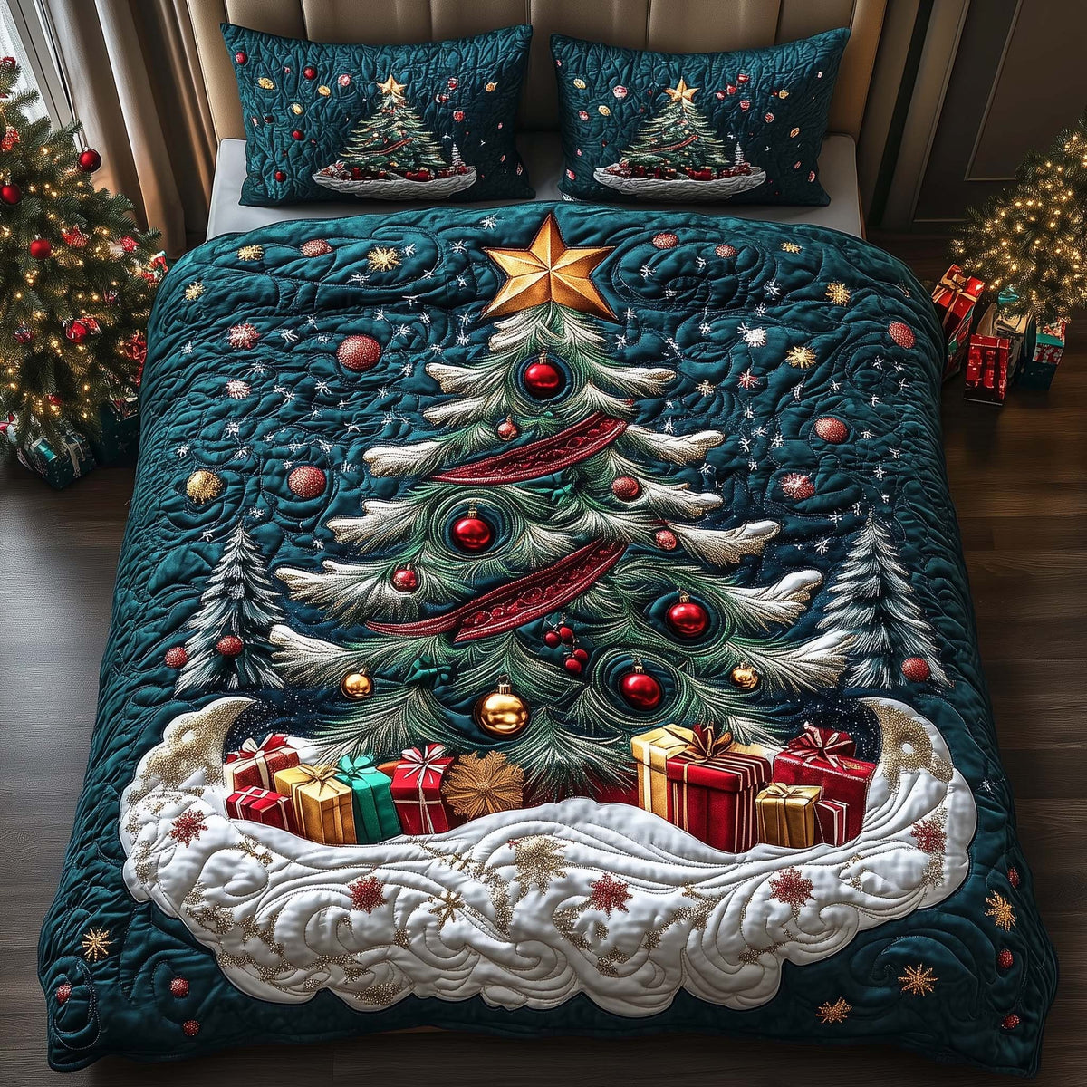 Forest Tree quilted 3-piece bedding set on a made bed with two matching pillow shams