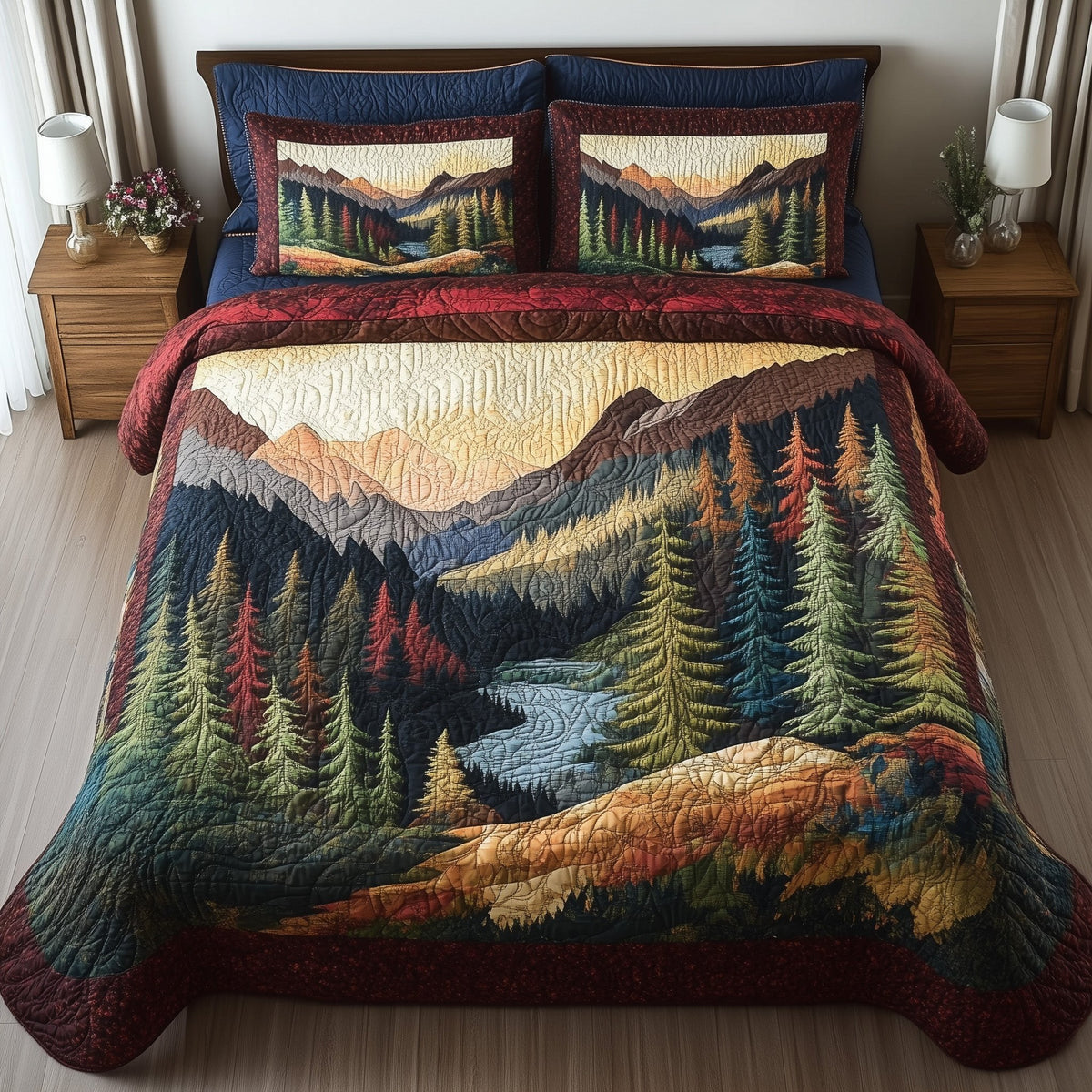 Forest Vibes quilted 3-piece bedding set on a made bed with two matching pillow shams