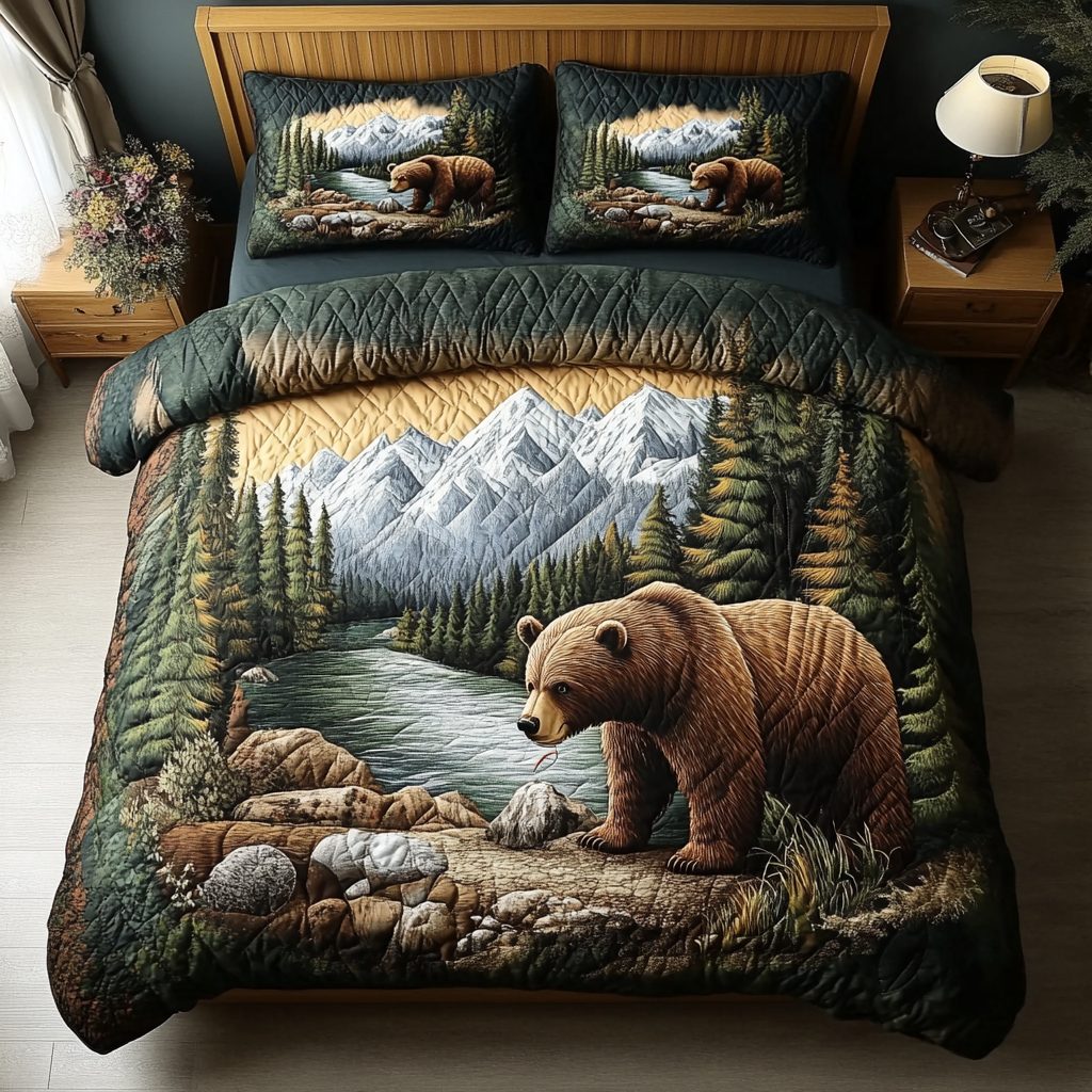 Forest Wanderer quilted 3-piece bedding set on a made bed with two matching pillow shams