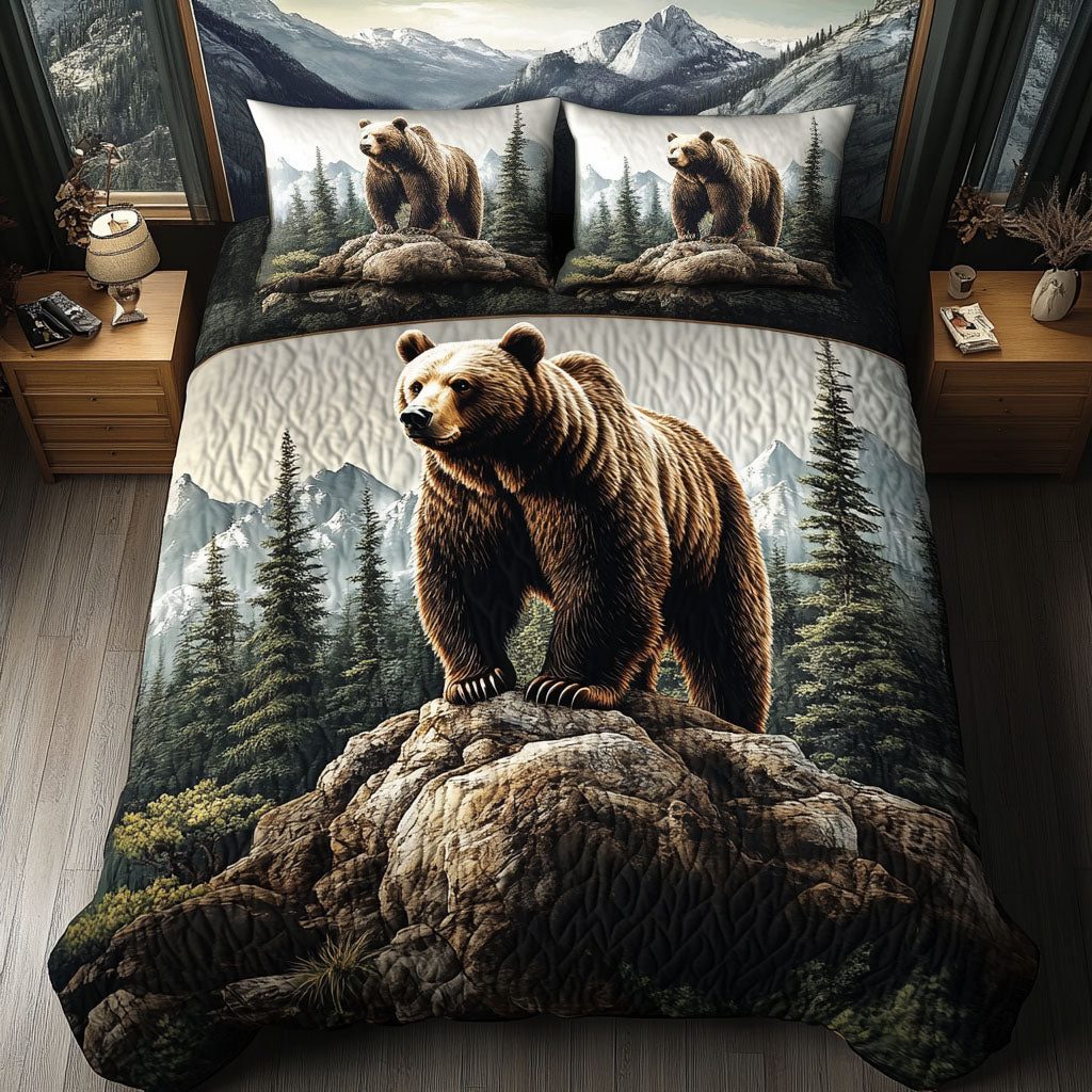 Forest Wanderer quilted 3-piece bedding set on a made bed with two matching pillow shams