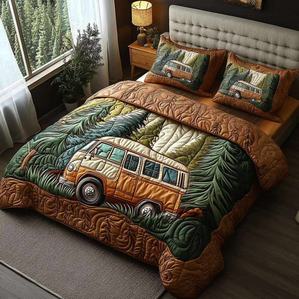 Forest Wanderlust Vibes quilted 3-piece bedding set on a made bed with two matching pillow shams