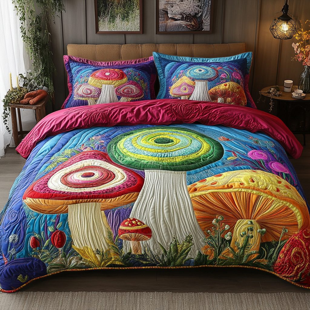 Forest Whimsy quilted 3-piece bedding set on a made bed with two matching pillow shams