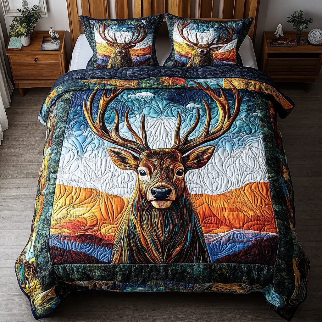 Forest Whisper quilted 3-piece bedding set on a made bed with two matching pillow shams