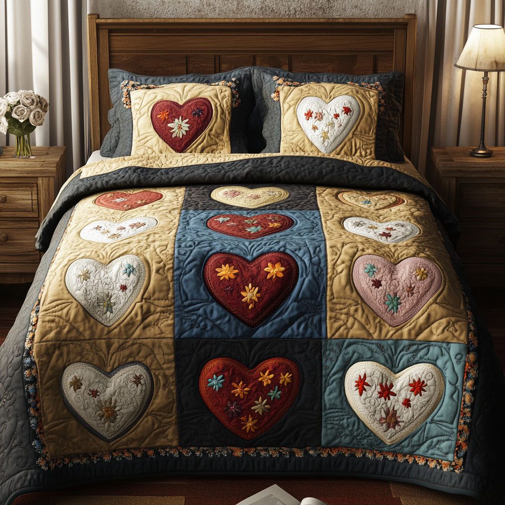 Forever Floral Hearts quilted 3-piece bedding set on a made bed with two matching pillow shams