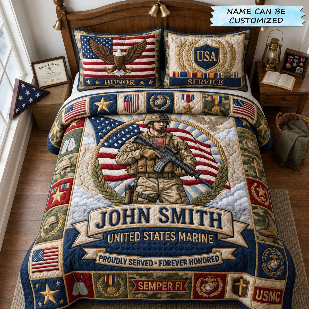 Forever Honored quilted 3-piece bedding set on a made bed with two matching pillow shams
