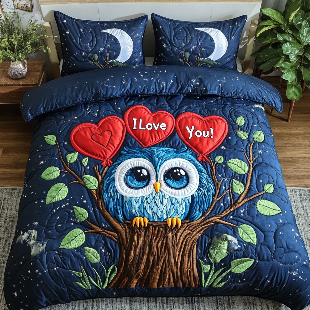 Forever Hooting quilted 3-piece bedding set on a made bed with two matching pillow shams