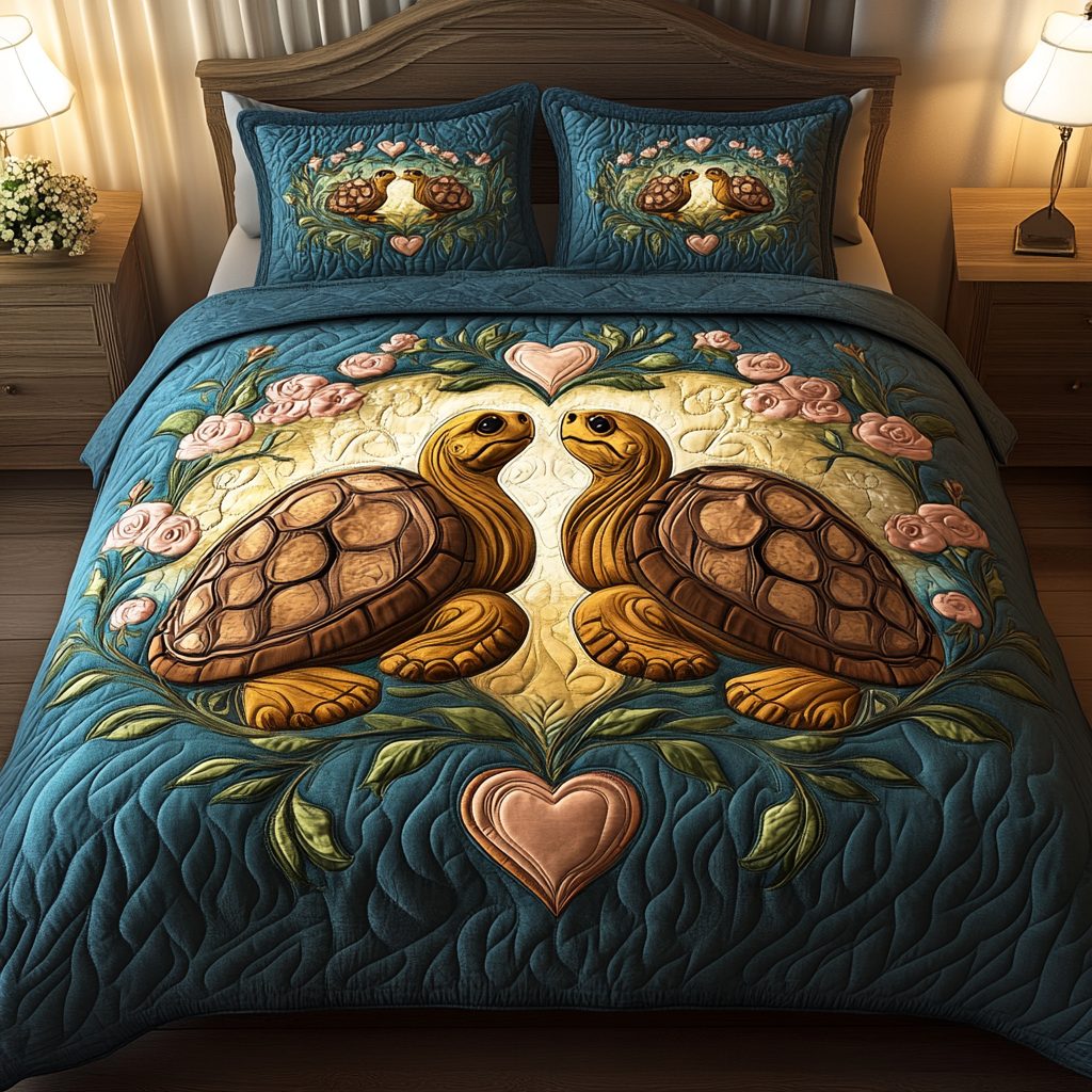Forever Shells quilted 3-piece bedding set on a made bed in a light coastal bedroom