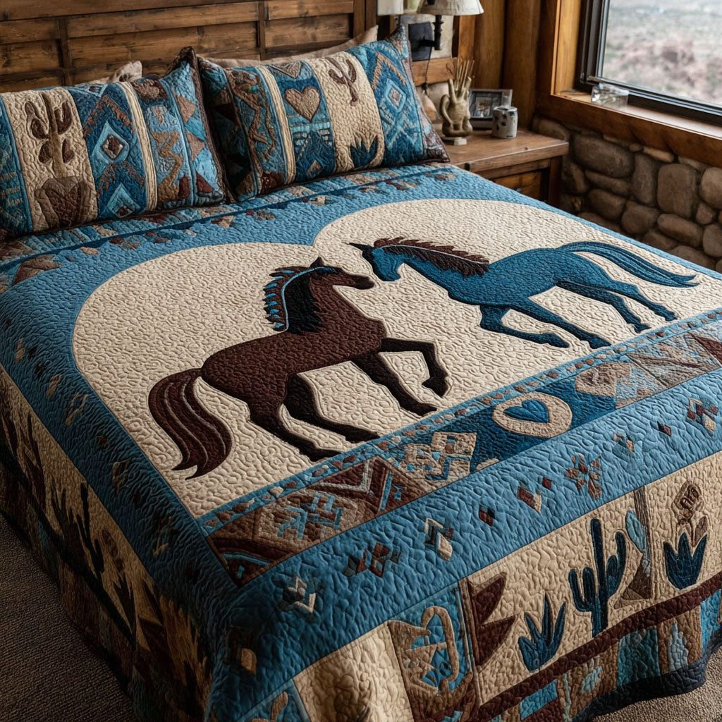 Forever Wild Souls quilted 3-piece bedding set on a made bed with two matching pillow shams
