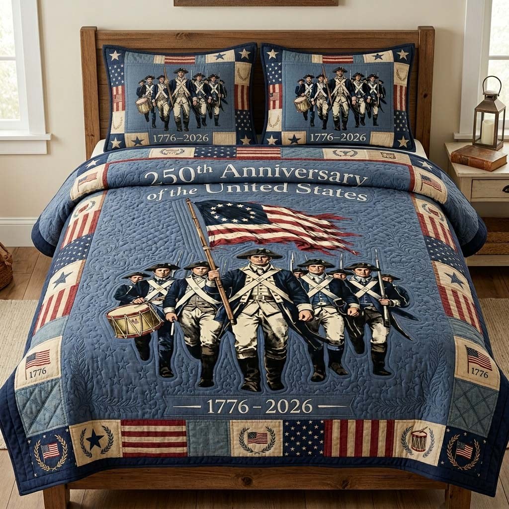Founding March quilted 3-piece bedding set on a made bed with two matching pillow shams