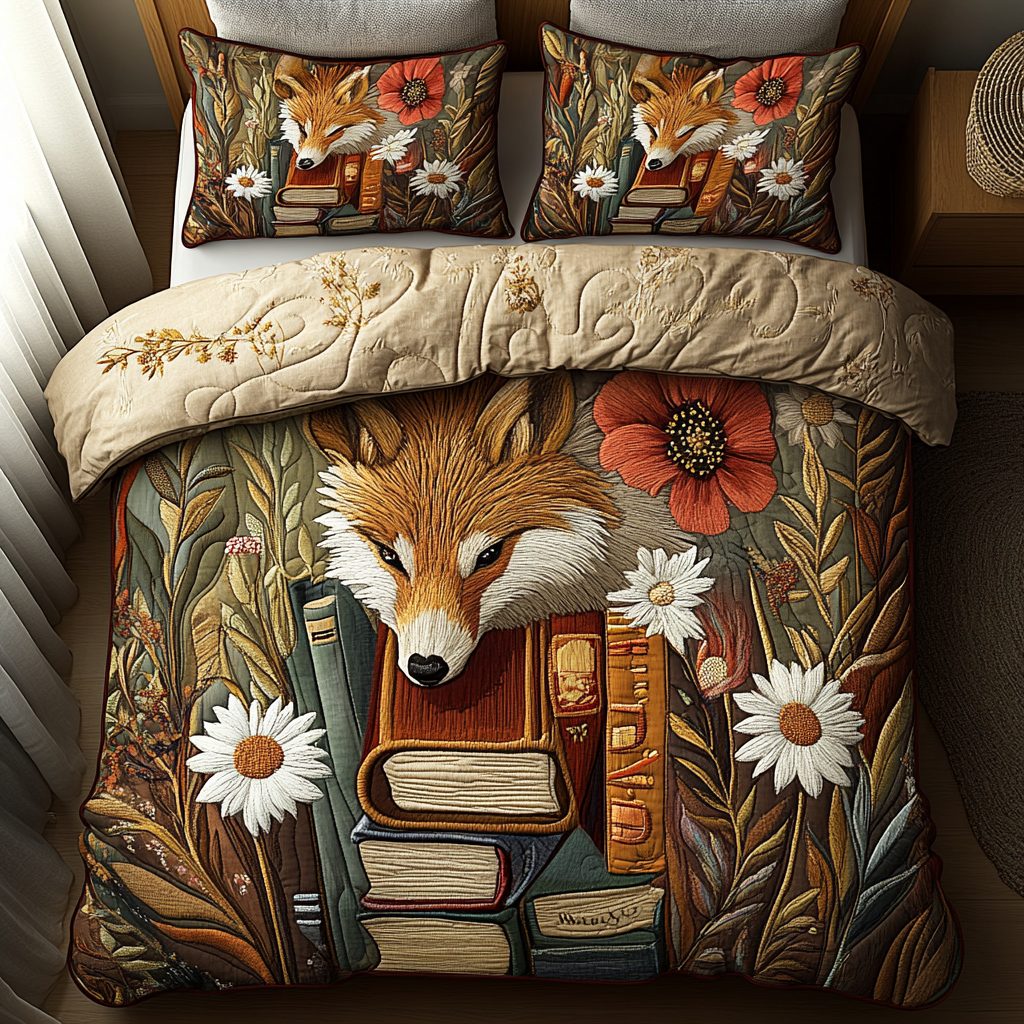 Fox and Books quilted 3-piece bedding set on a made bed with two matching pillow shams