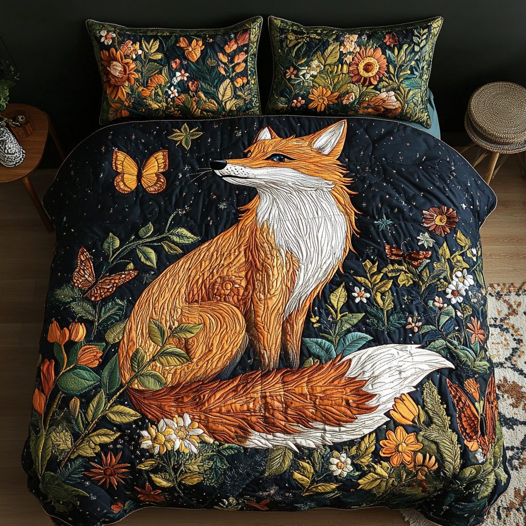 Fox Den quilted 3-piece bedding set on a made bed with two matching pillow shams