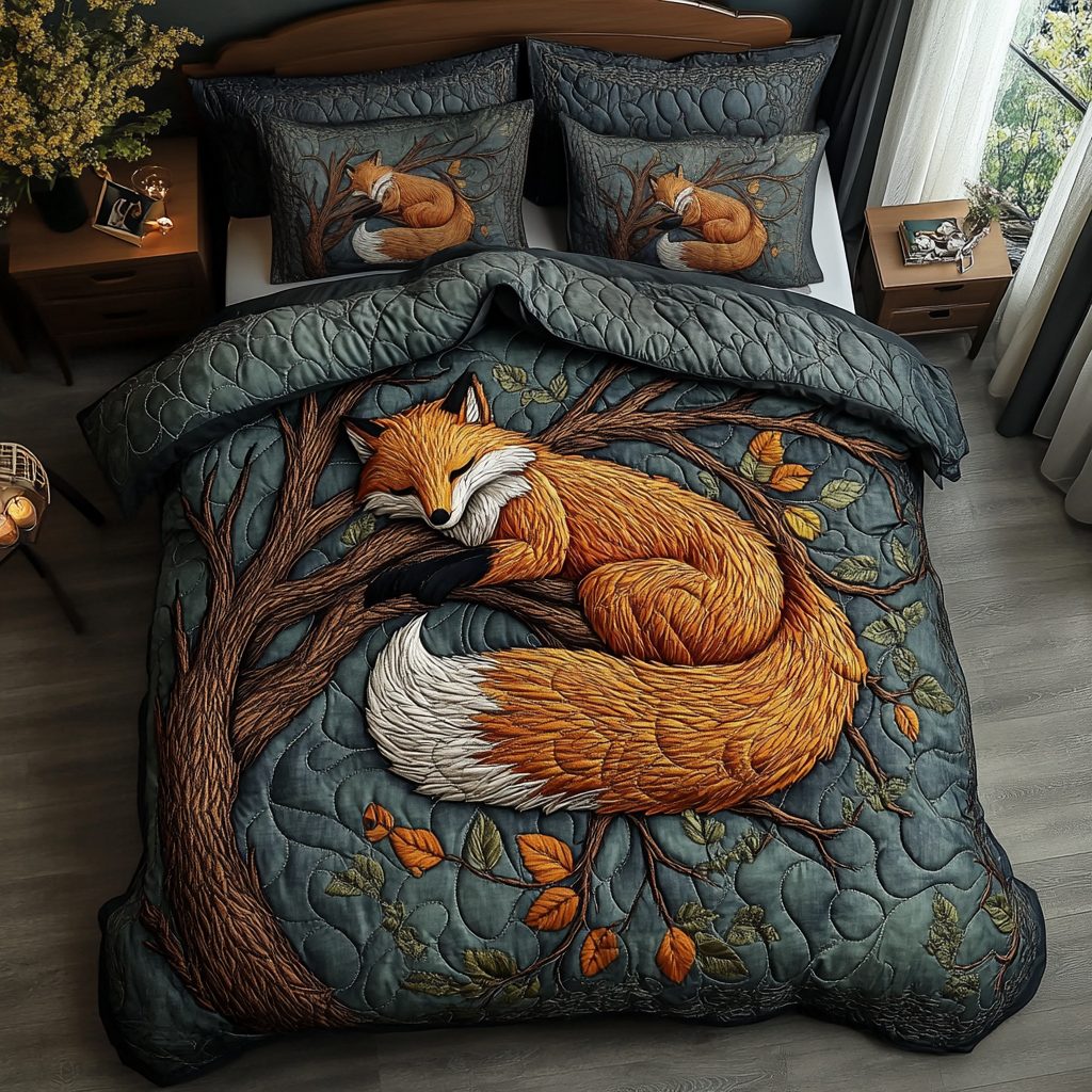 Fox Glow quilted 3-piece bedding set on a made bed with two matching pillow shams