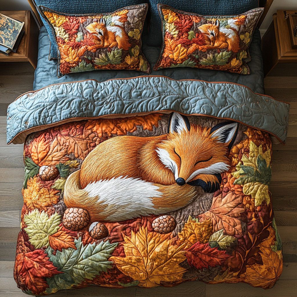 Fox in Fall Forest quilted 3-piece bedding set on a made bed with two matching pillow shams