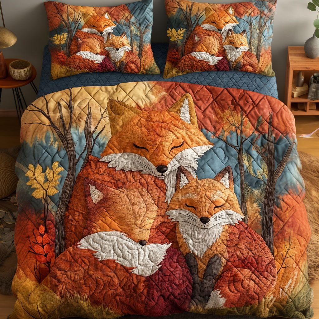 Fox Nest quilted 3-piece bedding set on a made bed with two matching pillow shams