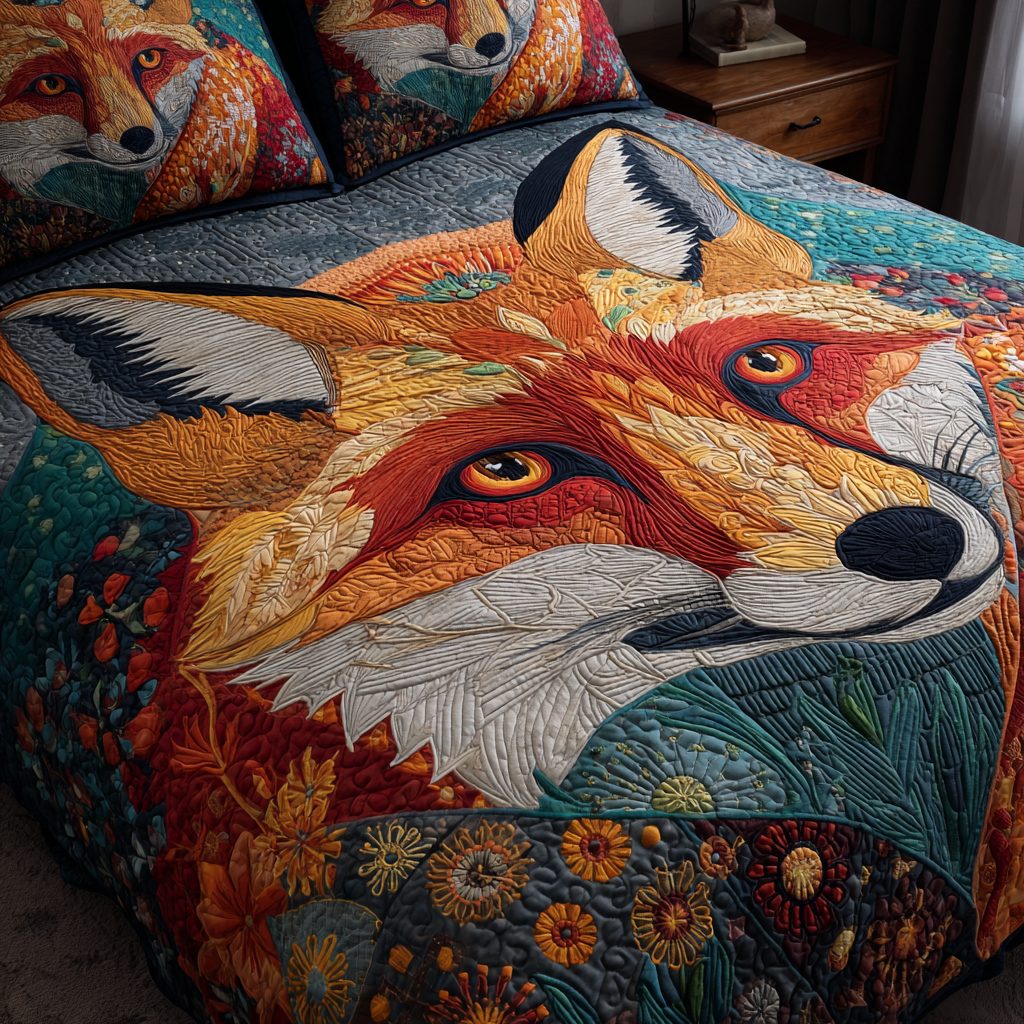 Fox Run quilted 3-piece bedding set on a made bed with two matching pillow shams