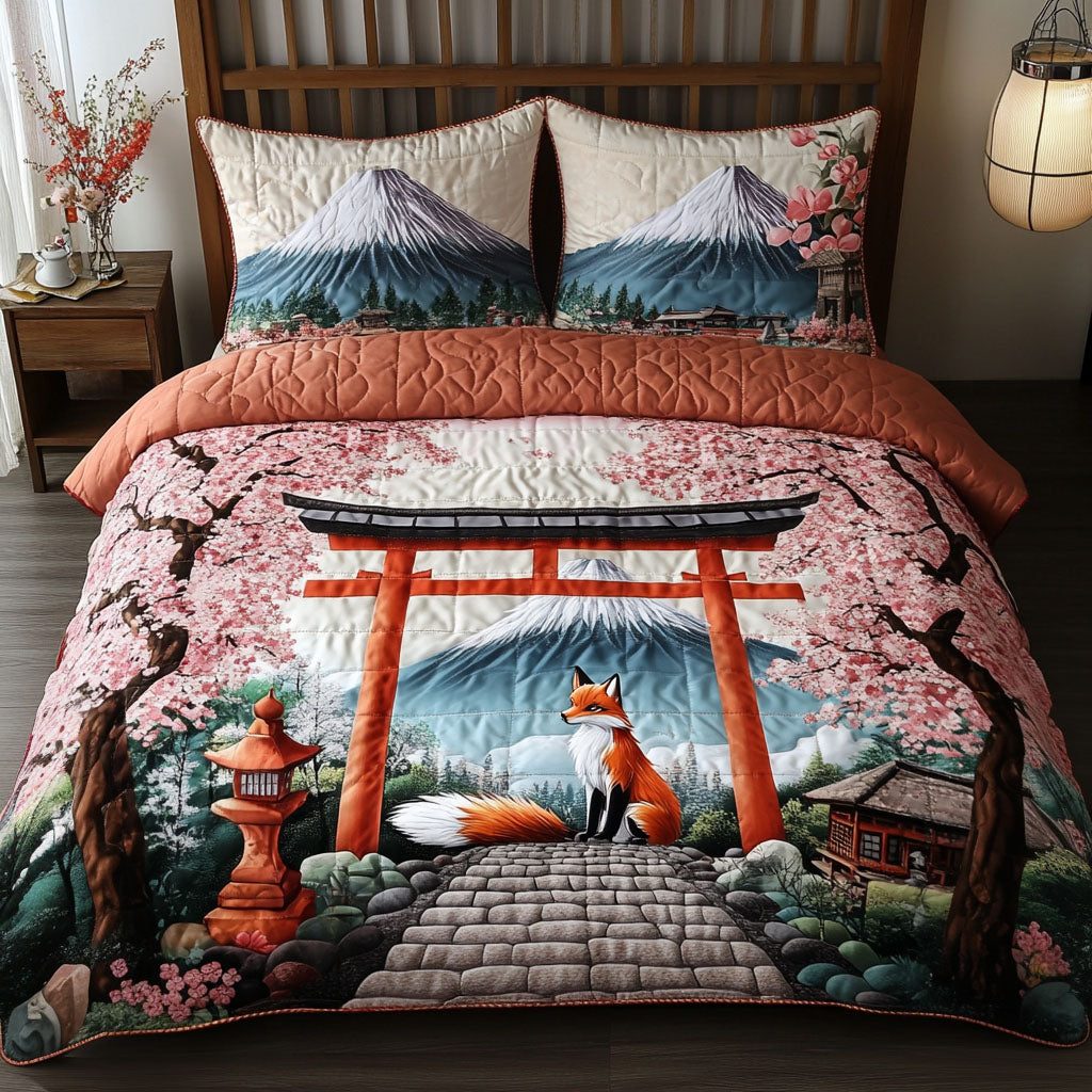 Fox Shrine quilted 3-piece bedding set on a made bed with two matching pillow shams
