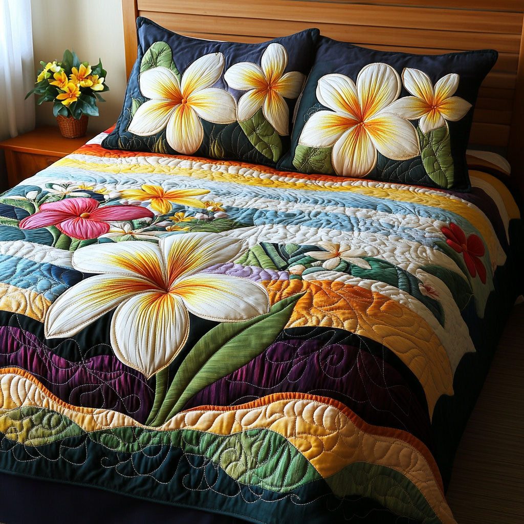 Fragrant Escape quilted 3-piece bedding set on a made bed with two matching pillow shams