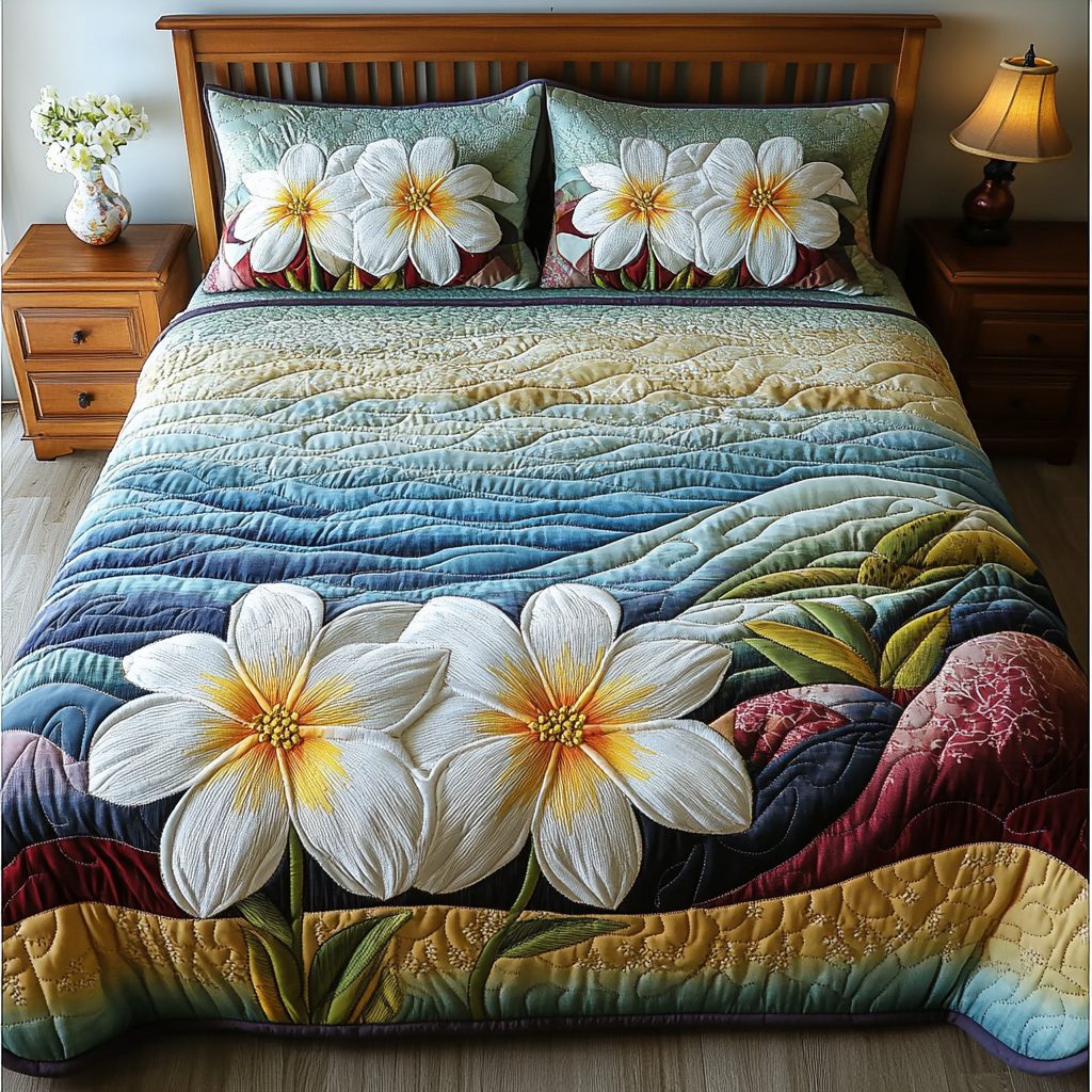 Fragrant Paradise quilted 3-piece bedding set on a made bed with two matching pillow shams