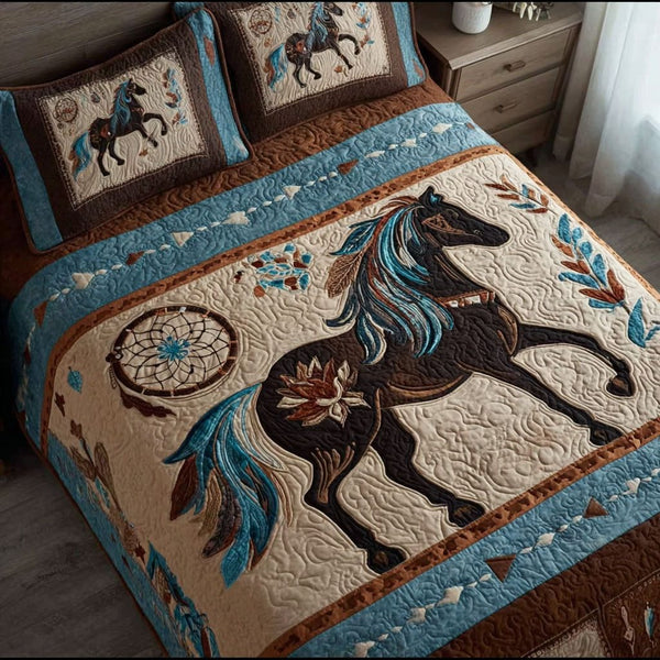 Free Plains quilted 3-piece bedding set on a made bed with two matching pillow shams