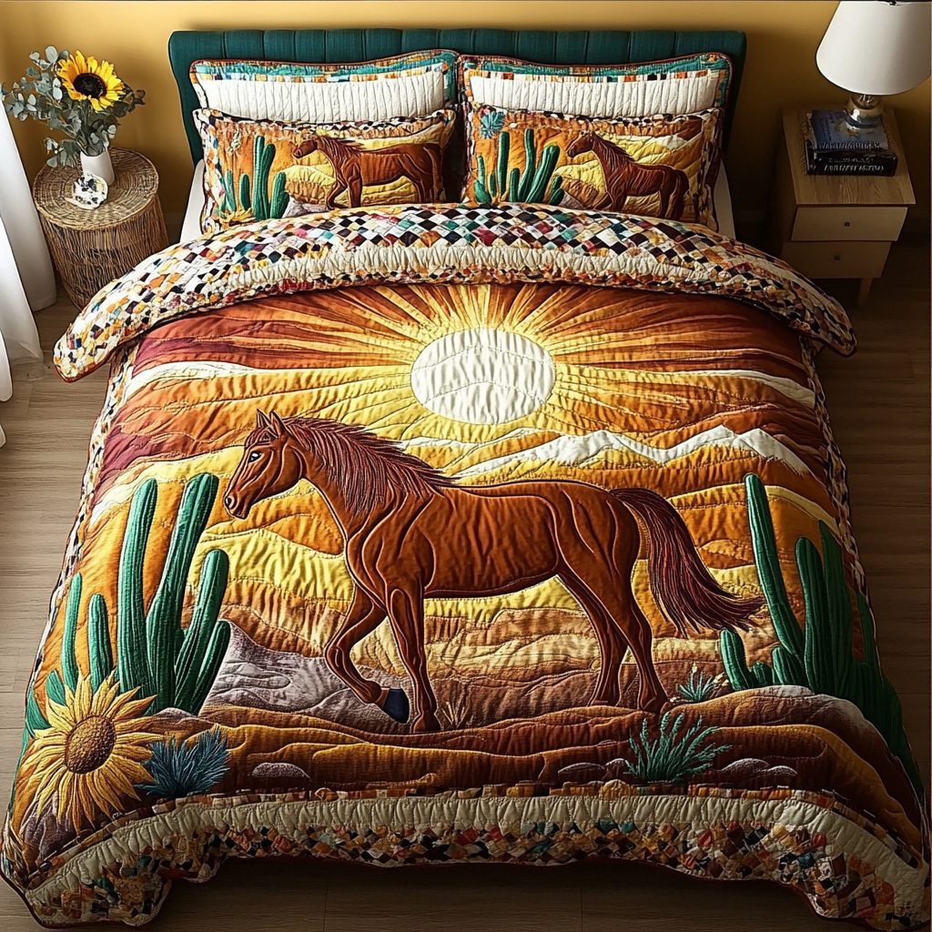 Free Roamer quilted 3-piece bedding set on a made bed with two matching pillow shams
