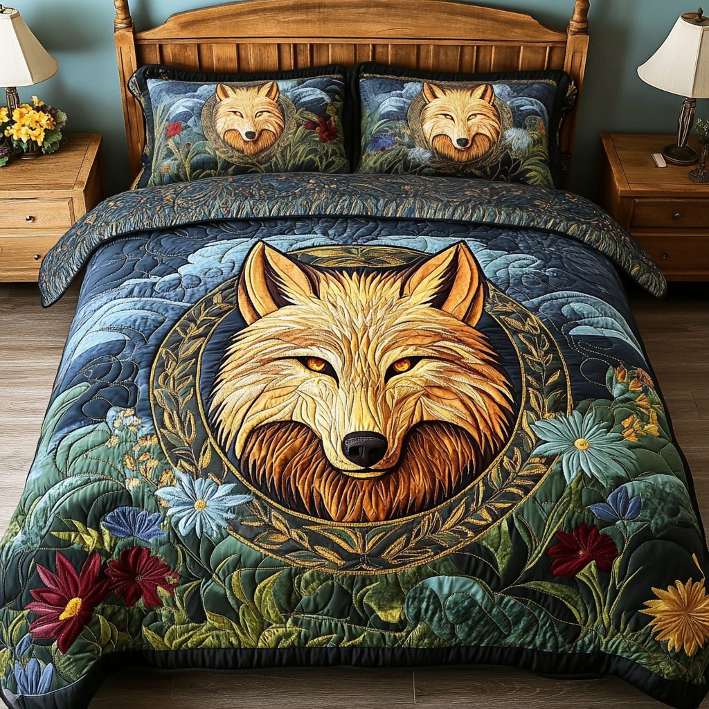 Free Wolf quilted 3-piece bedding set on a made bed with two matching pillow shams