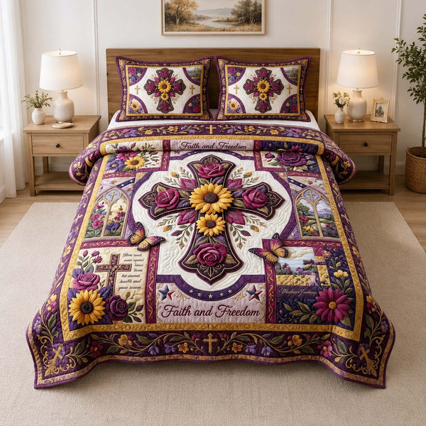 Freedom Bloom quilted 3-piece bedding set on a made bed in a warmly lit bedroom