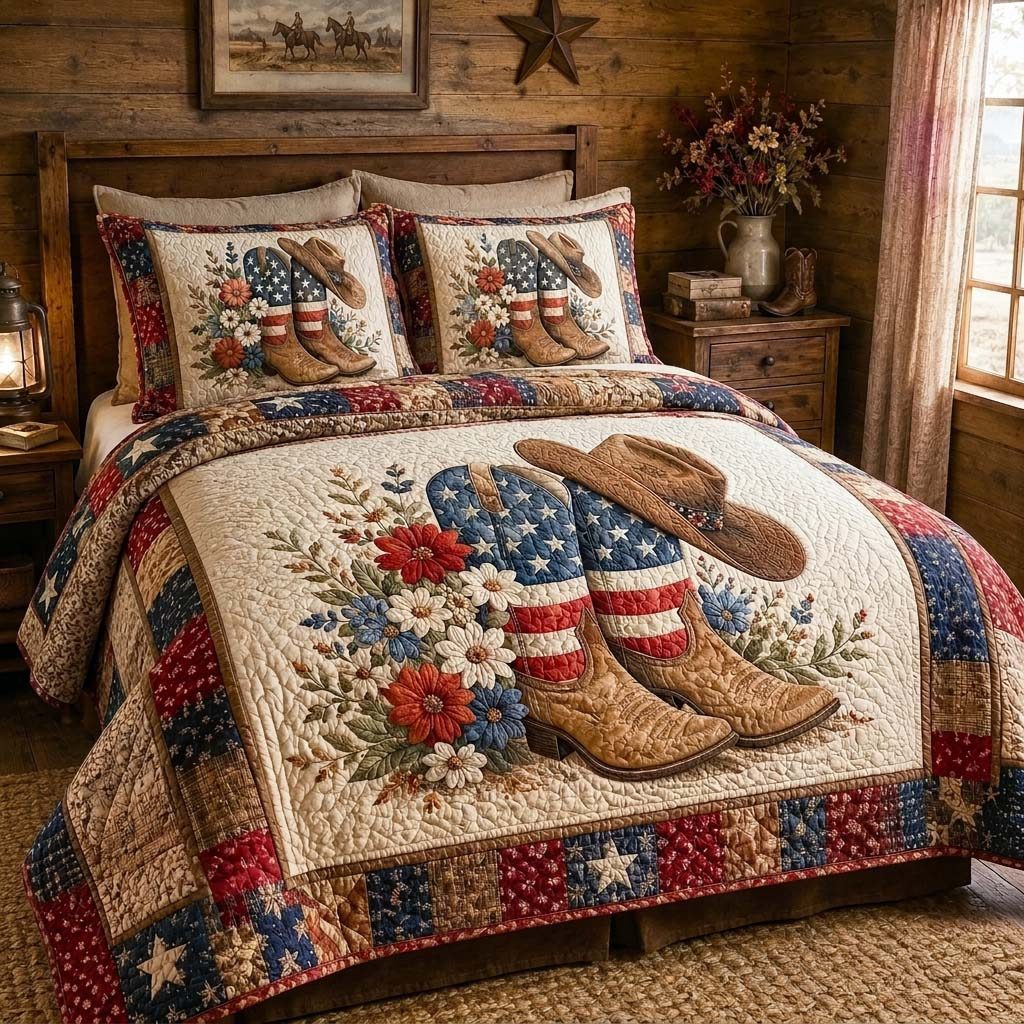 Freedom Boots quilted 3-piece bedding set on a made bed in a warmly lit bedroom