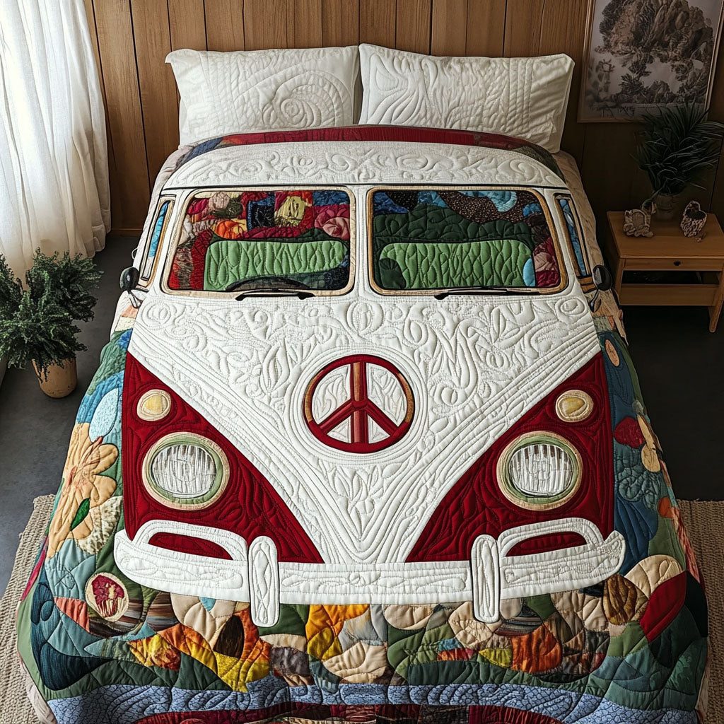 Freedom Camper quilted 3-piece bedding set on a made bed in a warmly lit bedroom