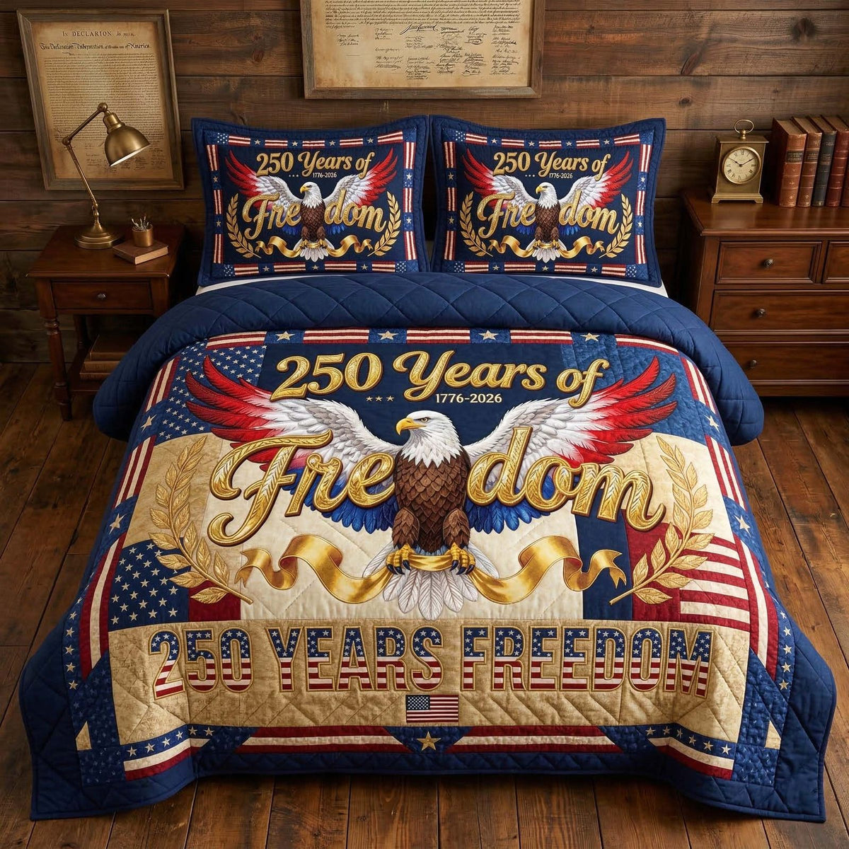Freedom Eagle quilted 3-piece bedding set on a made bed in a warmly lit bedroom