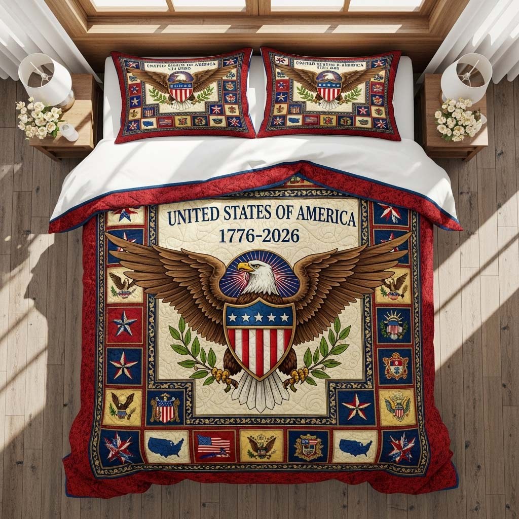 Freedom Emblem quilted 3-piece bedding set on a made bed in a warmly lit bedroom