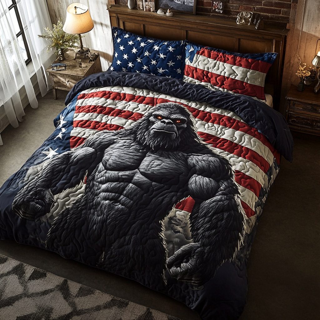Freedom Foot quilted 3-piece bedding set on a made bed in a warmly lit bedroom