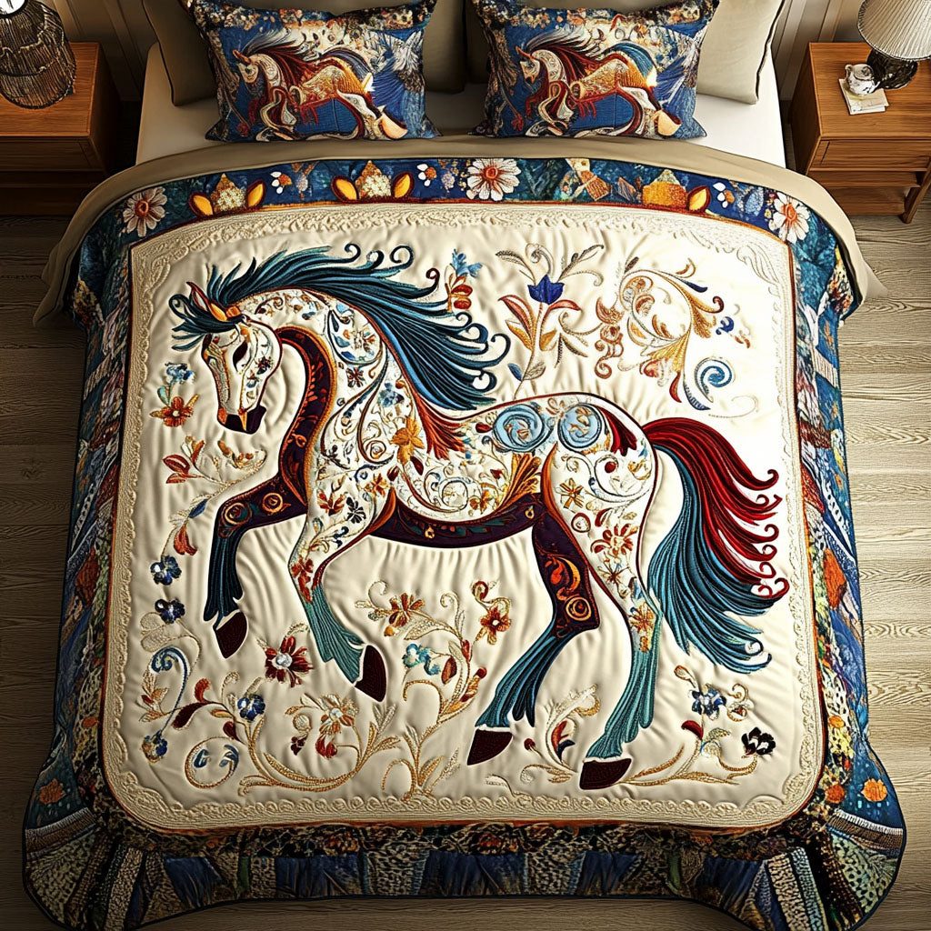Freedom Gallop quilted 3-piece bedding set on a made bed in a warmly lit bedroom