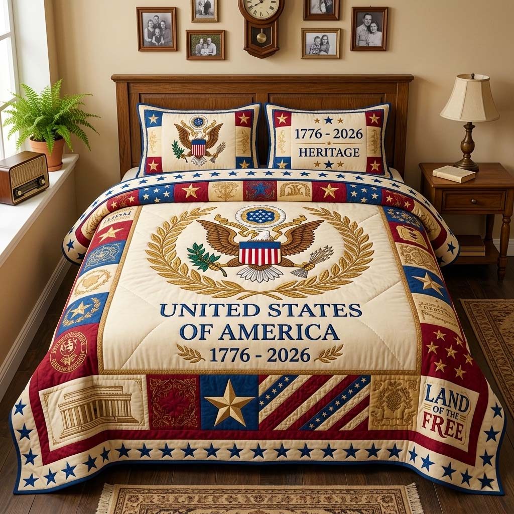 Freedom Heritage quilted 3-piece bedding set on a made bed in a warmly lit bedroom