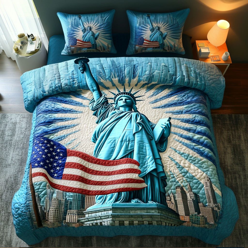Freedom Light quilted 3-piece bedding set on a made bed in a warmly lit bedroom