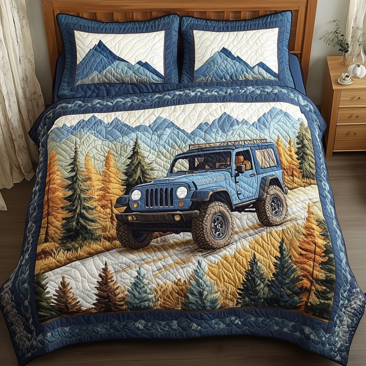 Freedom on Wheels quilted 3-piece bedding set on a made bed in a warmly lit bedroom
