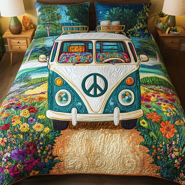 Freedom on Wheels quilted 3-piece bedding set on a made bed in a warmly lit bedroom