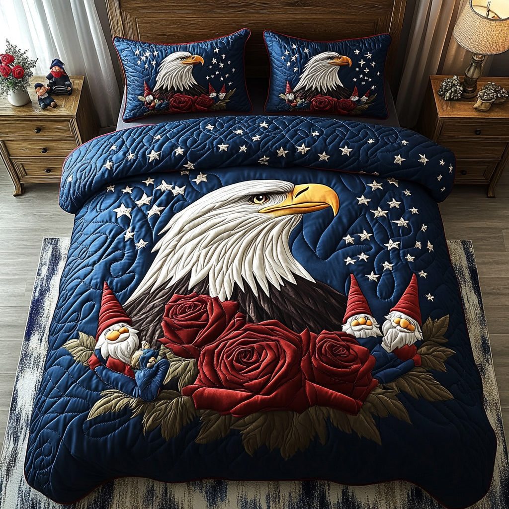 Freedom Patch quilted 3-piece bedding set on a made bed in a warmly lit bedroom